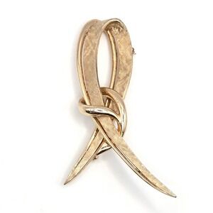 Marcel Boucher Signed Vintage Gold Tone Textured Ribbon Loop Knot Brooch Pin